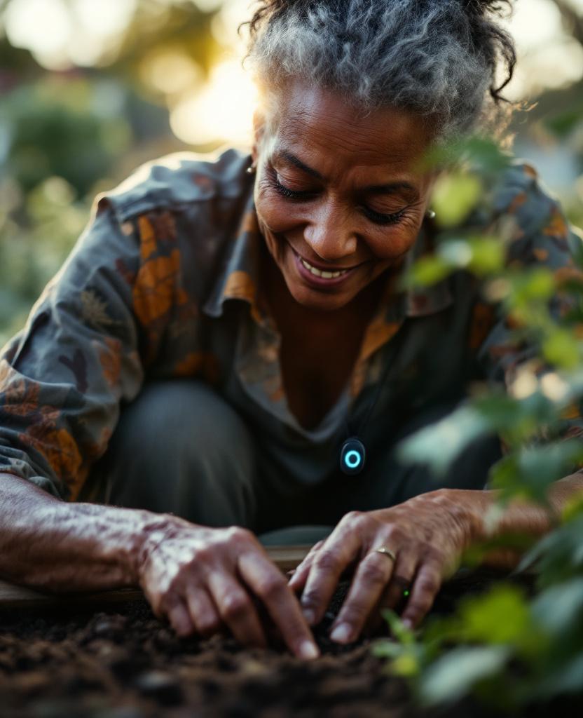 Elder gardening at golden hour with iRato Pulse magnetically clipped at her collar — looks like jewelry, not medical