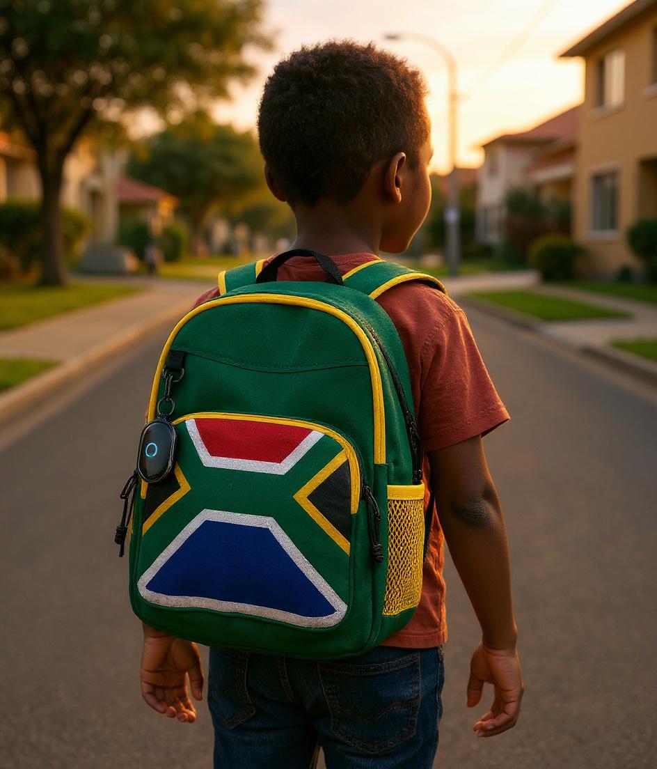 A child walking home from school with iRato Pulse clipped to backpack strap, golden hour