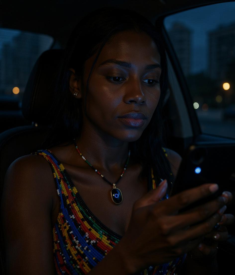 Young woman in a rideshare at night, half-lit by phone screen, iRato Pulse pendant at her collarbone